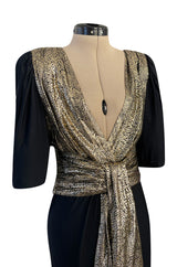 Spring 1986 Yves Saint Laurent Black Crepe & Jersey Dress w Gold Lame Front & Long Sash Belt