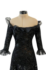 Spring 1987 Yves Saint Laurent Runway Black Net & Raffia High Low Dress w Ruffle Detail
