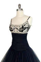 1980s Bellville Sassoon Appliqued Bodice & Princess Skirted Tulle Dress