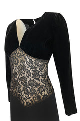 1980s Yves Saint Laurent Black Velvet, Lace & Jersey Dress