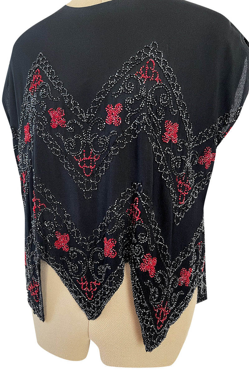 1920s Unlabeled Black Silk Crepe Jagged Hem Top w Hand Beading in Red & Black