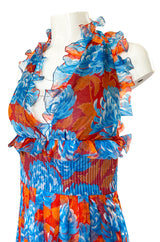 Spectacular c.1978 Valentino Blue & Coral Floral Silk Halter Backless Dress