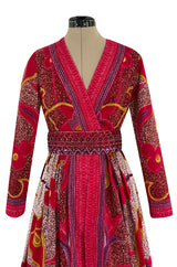 1960s Malcolm Starr Bright Cherry Pink Floral Batik Print Dress w Hand Beaded Belt