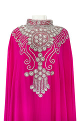 1980s Elaborate Crystal Covered Vibrant Pink Chiffon Caftan Dress