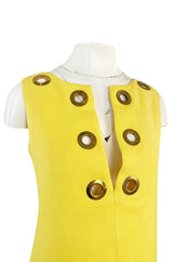1960s Pierre Cardin Couture Bright Sunny Yellow Tunic & Hot Pant w Open Metal Grommets