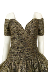 c.1984 Vicky Tiel Couture Metallic Gold & Black Lace Pouf Skirt Mini Dress