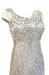 1960s Unlabeled Ivory Silk Dress w Chenille Applique & Beading Detail
