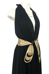 Documented 1980 Bill Tice Plunge Front Black & Gold Backless Halter Dress