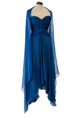 Spring 1990 Oscar De La Renta Deep Sapphire Blue Silk Chiffon Strapless Dress