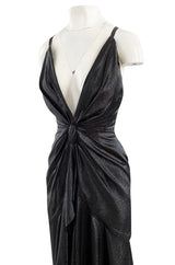 c.1984 John Anthony Black Metallic Lame Jersey Dress w Very Deep Front Plunge & No Back