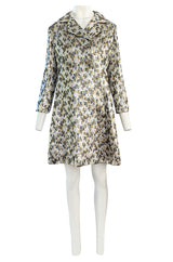 Early 1960s Ceil Chapman Gold & Silver Metallic Silk Brocade Coat w Crystal Buttons