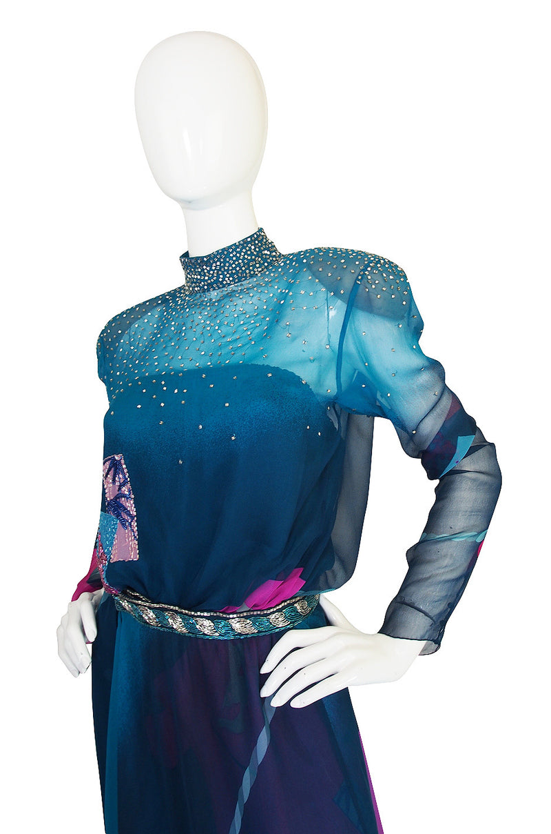 1970s Hanae Mori Couture Beaded Silk Chiffon Dress