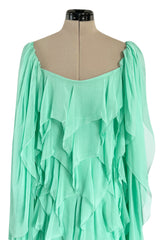 Prettiest 1980s Stavropoulos Soft Mint Green Silk Chiffon Dress w Full Cape Sleeves