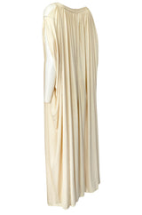 Rare 1970s Yuki Ivory Draped Jersey Open Shoulder Caftan Dress