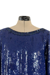 Fall 1985 Yves Saint Laurent Densely Covered Blue Sequin Top w Beaded Ribbing