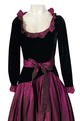 Fall 1980 Yves Saint Laurent Silk Taffeta & Velvet Dress w Asymmetrical Hem