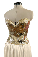 Glamorous 1976 Loris Azzaro Couture Strapless Metallic Gold Sequin & Silk Satin Dress