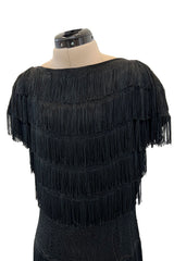 Extraordinary 1930s Black Silk Sheath Dress w Head to Toe Rows of Black Fringe