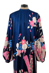 Incredible 1970s Hanae Mori Finest Possible Blue Silk Caftan Dress w Pink Floral Print
