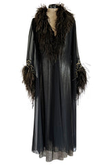 Dramatic 1980s Bob Mackie Chiffon & Gold Dress & Robe Set w Feather Trim