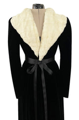 Exceptional 1920s I Magnin Inky Black Velvet Coat w Extravagant White Ermine Collar