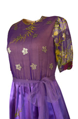 1960s Oscar de la Renta Prettiest Painted Floral Silk & Metallic Dress
