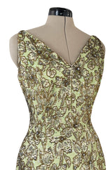 Incredible 1950s Mignon Densely & Heavily Beaded Green Silk Brocade Hourglass Dress