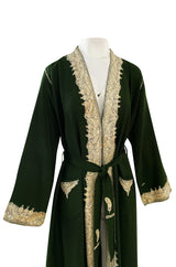 Wonderful 1920s Antique Hand Embroidered Crewel Deep Forest Green Wrap Robe or Coat