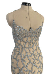 Exquisite 1985 John Anthony Nude Silk Chiffon & Net Dress w Silver Chain Rhinestones and Beads