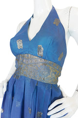 1960s Backless Blue & Gold Sari Inspired Silk Dress