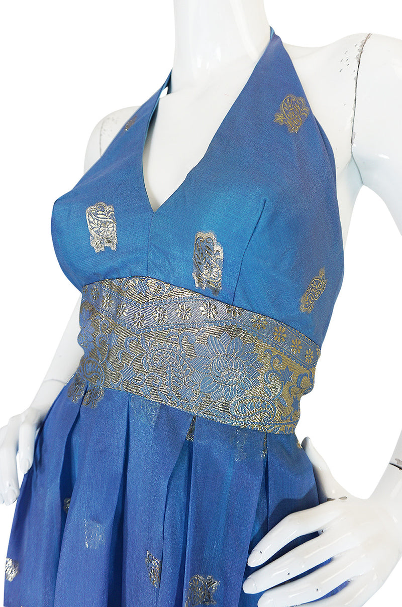 1960s Backless Blue & Gold Sari Inspired Silk Dress