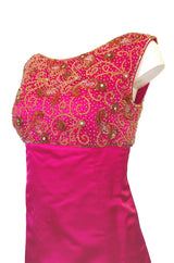 1960s Malcolm Starr Vibrant Pink Silk Satin Dress w Beaded Bodice
