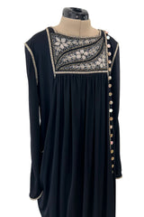 1970s Bill Gibb Museum Held Black Liquid Jersey Dress w MOP Buttons & Extensive Beading