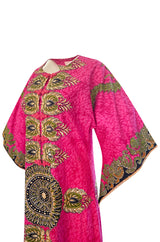 1960s Unlabeled Pink Thai Print Cotton Caftan Dress w Frog Knot Detail