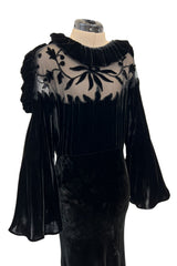 Gorgeous 1930s Bias Cut Silk Velvet Dress w Silk Mesh & Applique Detailing & Incredible Sleeves