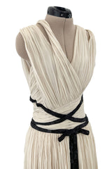 Spring 2012 Christian Dior Runway Ivory Silk Chiffon Dress w Black Beaded Bow Detail