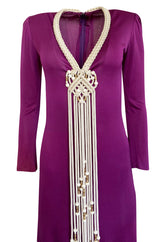 1972 Bob Mackie Ray Aghayan Purple Jersey Dress w Macrame