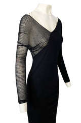 Fall 1997 Halston Black Bias Cut Jersey Dress w Transparent Beaded Net Panel