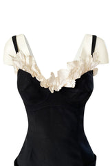 Runway Spring 1997 Thierry Mugler Fitted Black Dress w Extravagant Ruffled Silk Bodice