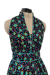 Prettiest Early 1970s Oscar de la Renta Floral Printed Halter Dress w Crossed Strap Open Back