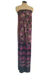 Beautiful 1970s Leonard Strapless Printed Silk Jersey Dress w Matching Silk Chiffon Cape
