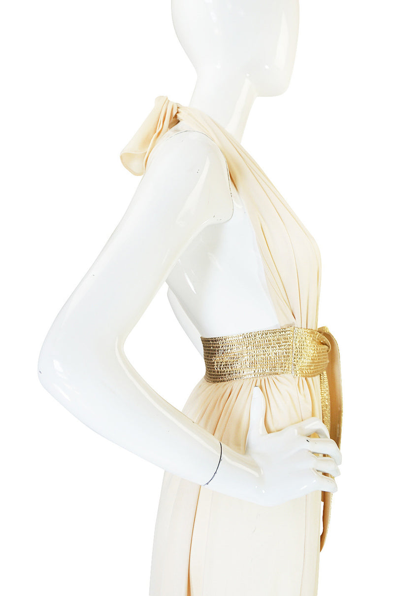 1980 Bill Tice Plunge Cream & Gold Backless Dress