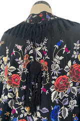 Antique 1920s Embroidered Silk Fringe Curved Cape or Shawl w Tassel Detailing