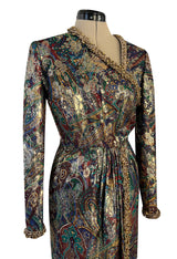 Fall 1990 Oscar de la Renta Metallic Gold Silk Lame Dress w Brass Bell Trim