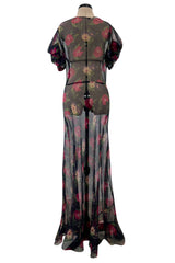 Prettiest 1930s Bias Cut Transparent Floral Print Silk Crepe Chiffon Dress w Capped Sleeves