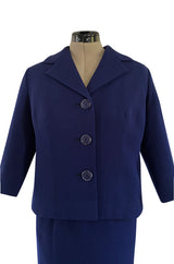 Spring 1960 Pierre Balmain Haute Couture Deep Blue Skirt Suit w Swing Back Button Detailing