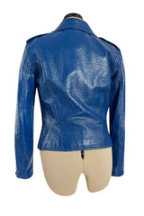 Fantastic 1990s Moschino Jeans Bright Blue Patent Faux Leather Motorcycle Jacket