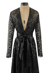 Fall 1974 Bill Blass Glossy Black Sequin & Silk Chiffon Dress w Feather Hem
