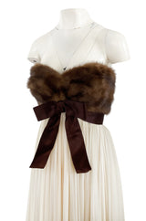 Documented 1963-64 Sarmi Ivory Silk Chiffon Dress w Strapless Natural Mink Bodice & Chocolate Silk Bow