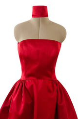 Stunning Halston Fall 2001 Red Silk Satin Dress w Unusual Attached Collar Detail